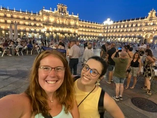 Emily Nelsen, Associate Editor for Spanish and Portuguese Review and friend Ana in Plaza Mayor in Salamanca, Spain